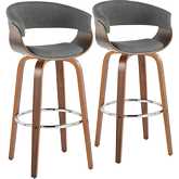 Vintage Mod 30" Swivel Bar Stool in Walnut Wood & Light Grey Fabric with Chrome Footrest (Set of 2)